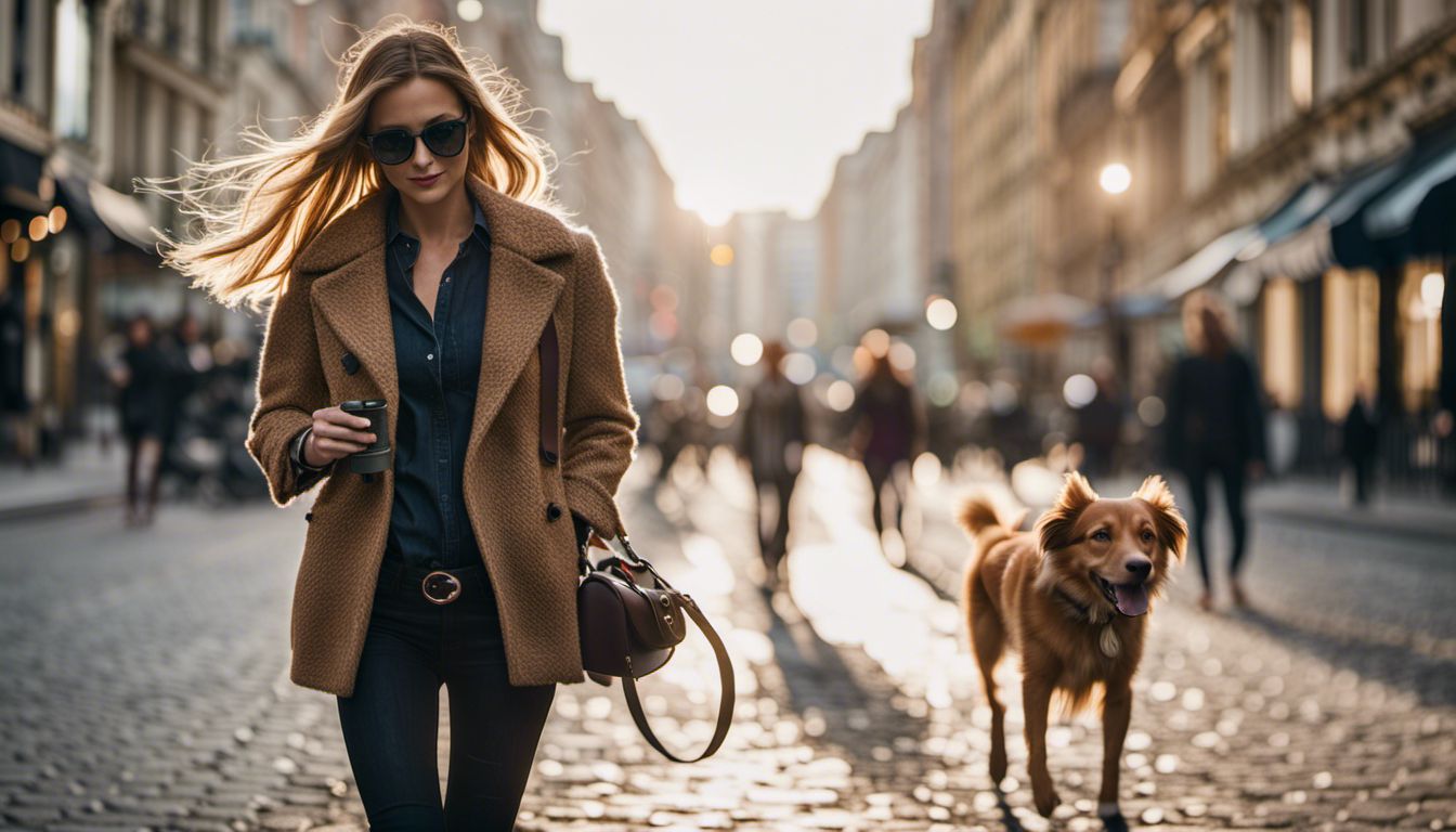 A stylish woman walks her dog through a fashionable city street, with different faces, hair styles, and outfits.
