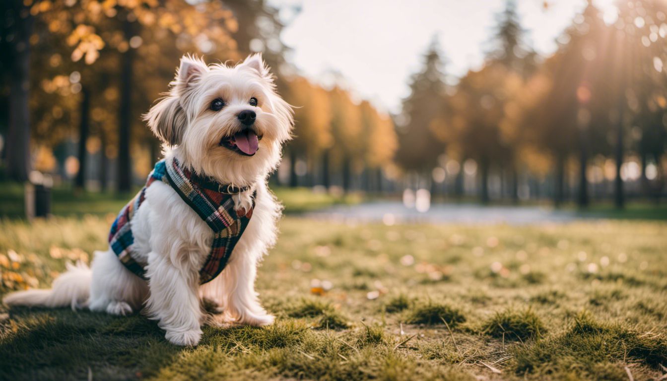 A fashionable dog posing in a colorful park, showcasing different faces, hairstyles, and outfits, photographed in high resolution.