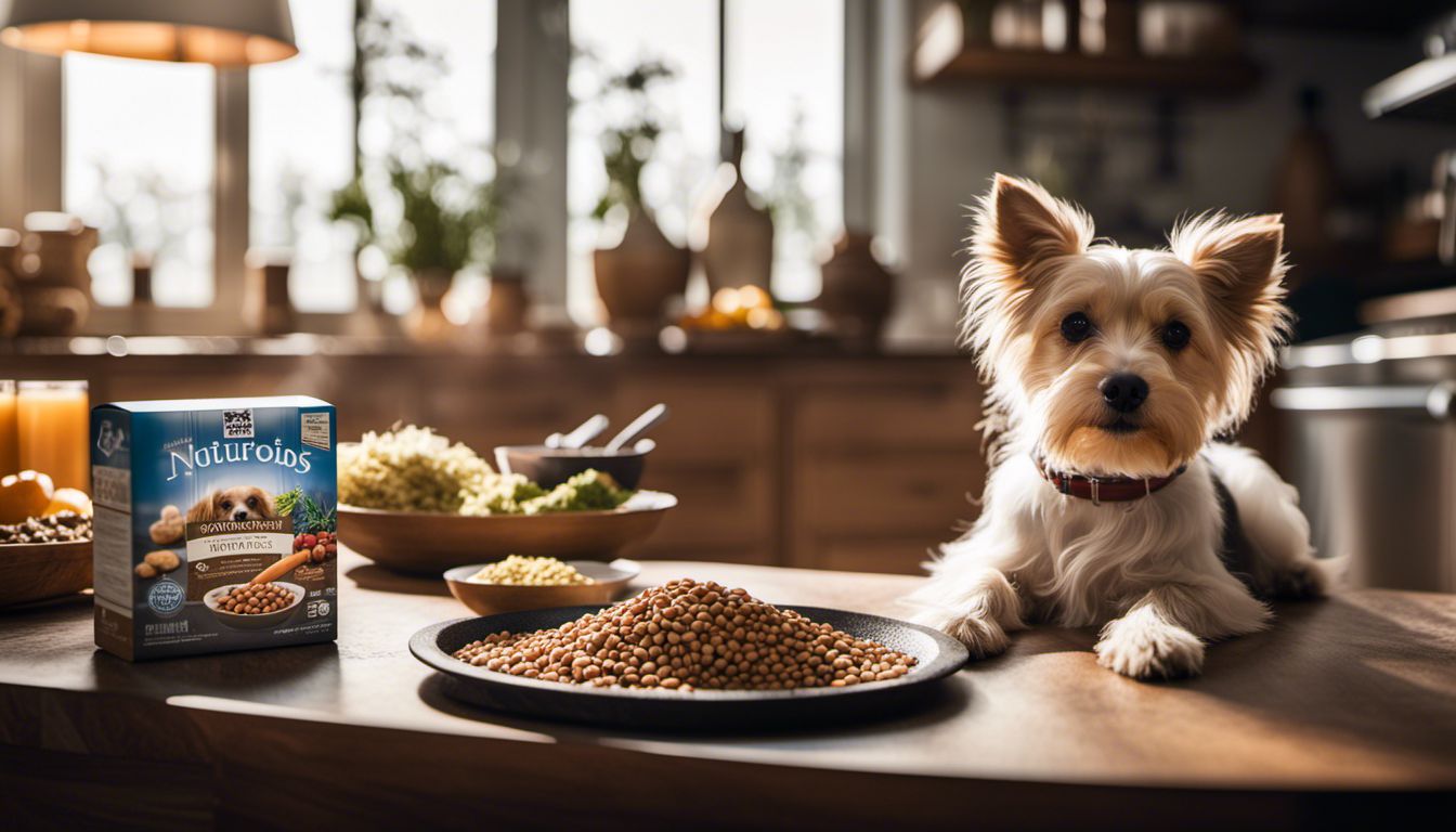 A small dog sits next to a bowl of nutritious dog food surrounded by healthy ingredients.