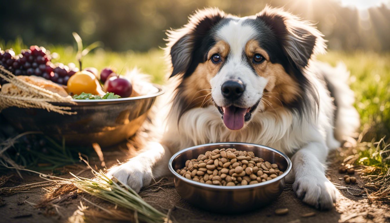 A happy dog enjoying a bowl of high-quality dog food surrounded by healthy ingredients, photographed in a natural setting.