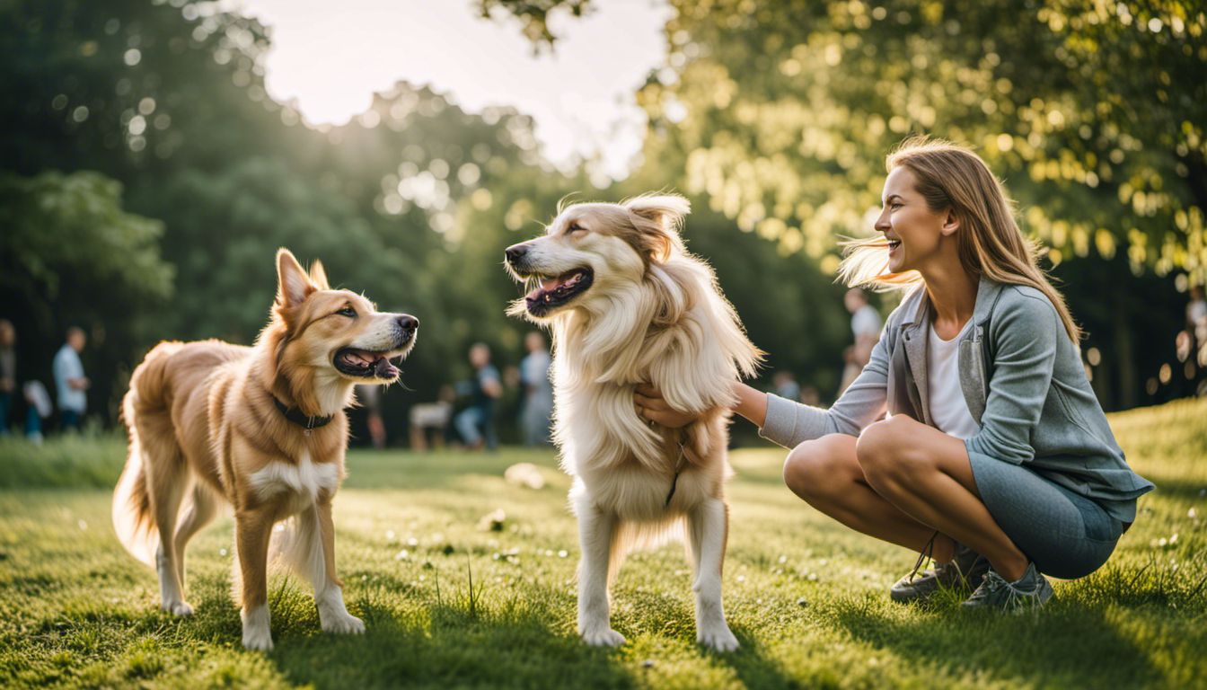 A happy dog playing in a park with its owner, featuring people of different ethnicities, hairstyles, and clothing.