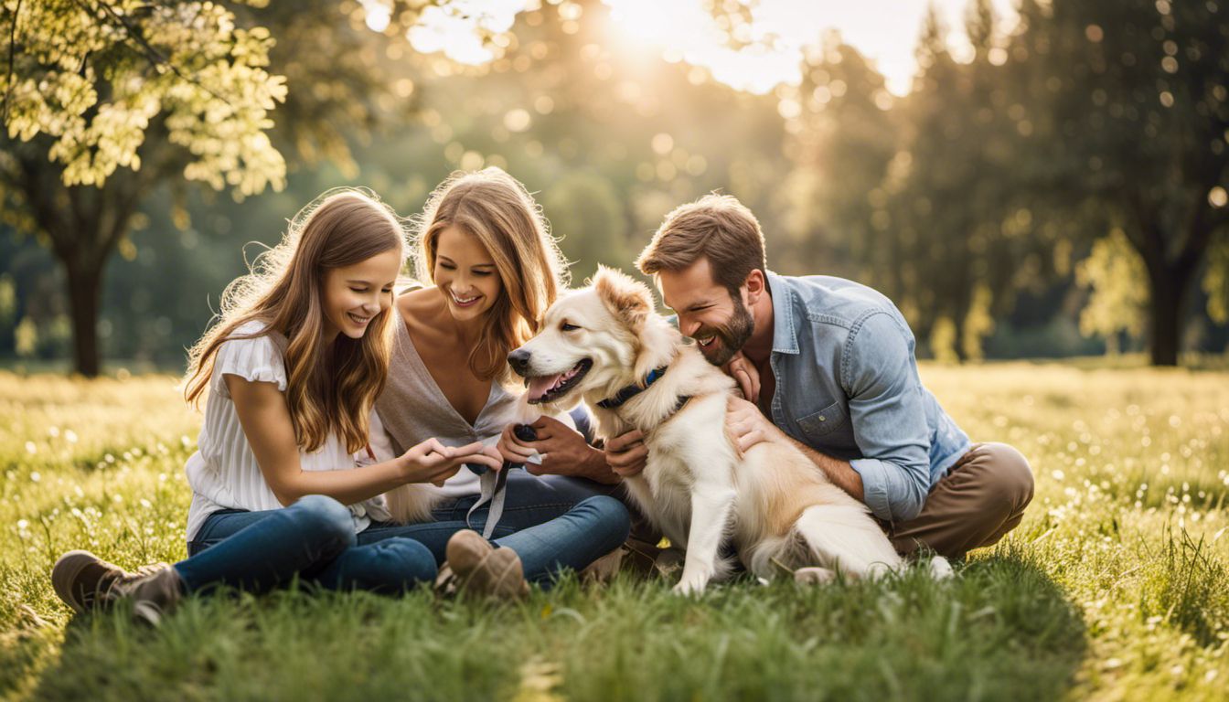 A happy Caucasian family playing with their vaccinated dog in a beautiful park.