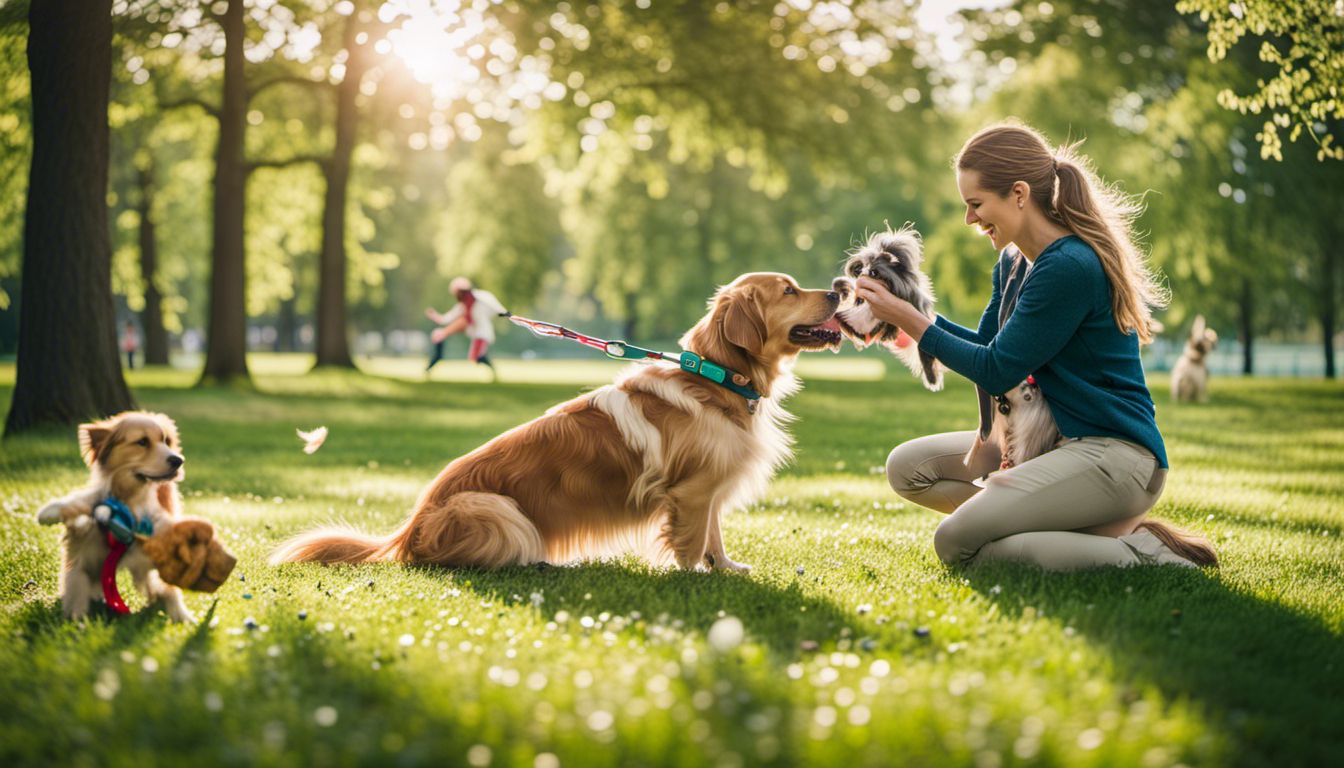 Two dogs play in a park while a veterinarian holds a pentavalent vaccine.
