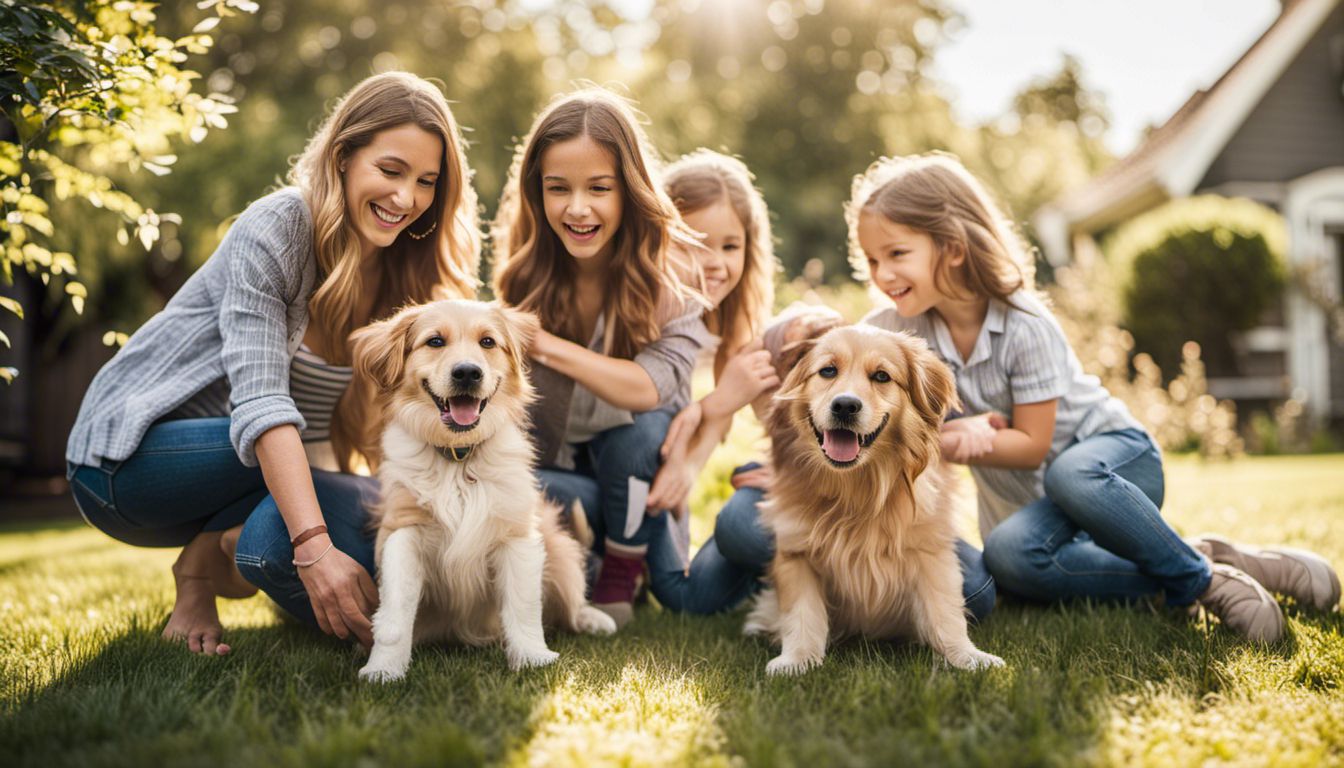 A happy Caucasian family playing with their vaccinated dog in a sunny backyard, captured in a joyful and vibrant photo.