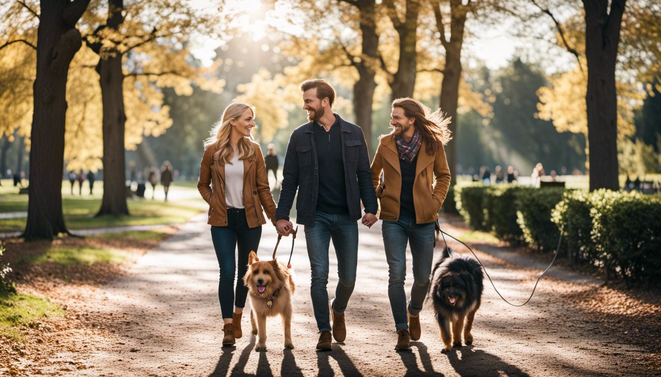 A couple walks their dog in a park with smart collars, capturing the bustling atmosphere and outdoor lifestyle.