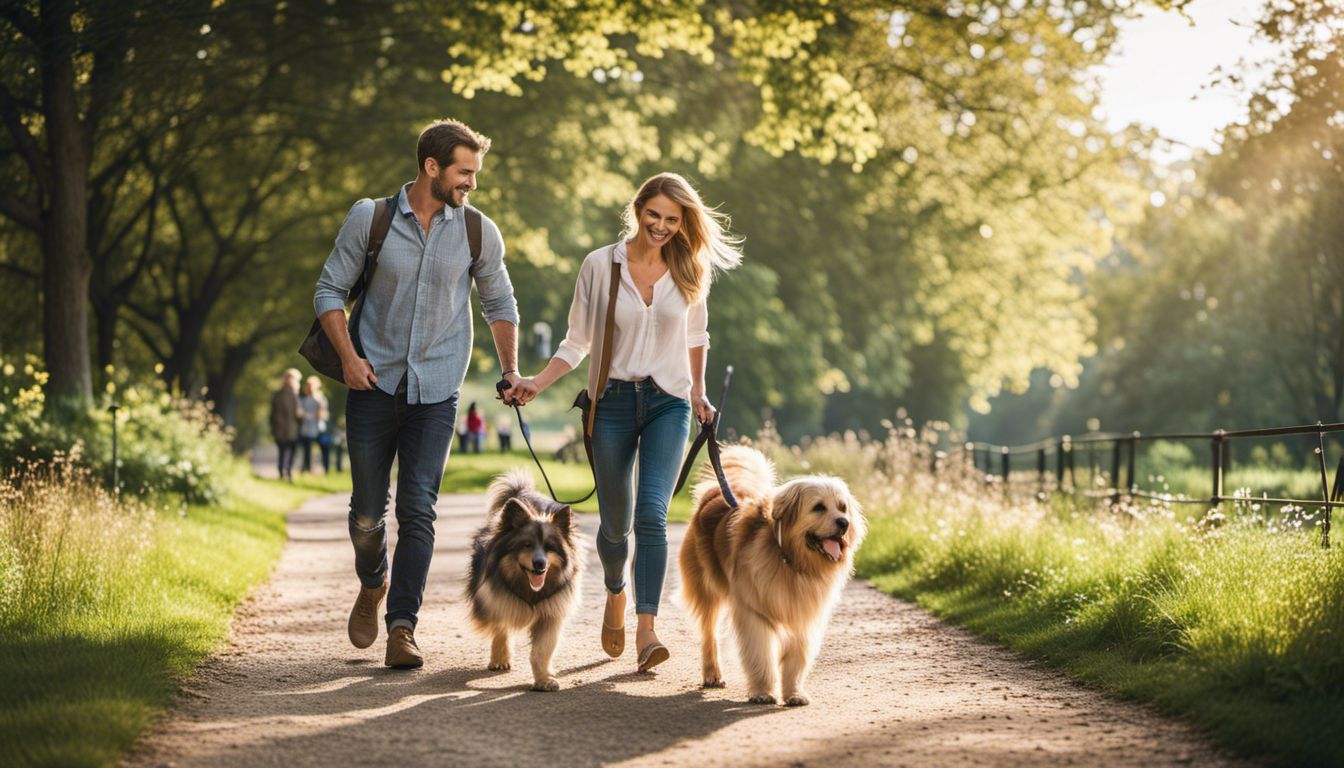 A couple walks their dog in a beautiful park, with various people and scenery in the background.