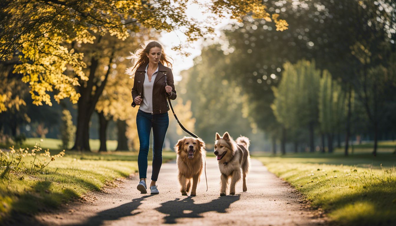 A Caucasian woman walking her dog in a scenic park while using a smart dog collar.