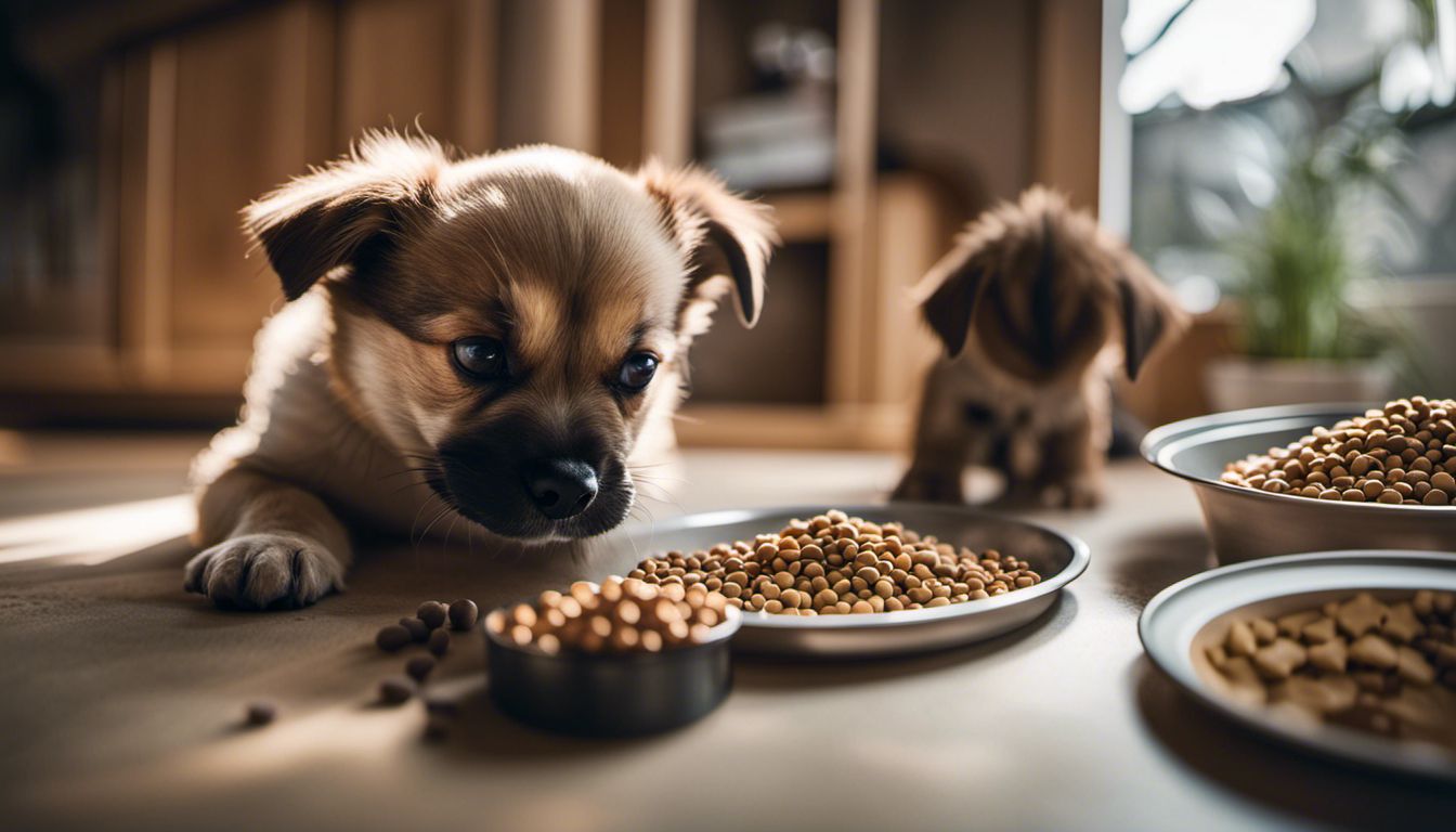 A close-up of a puppy happily eating from a bowl surrounded by various brands of puppy food.