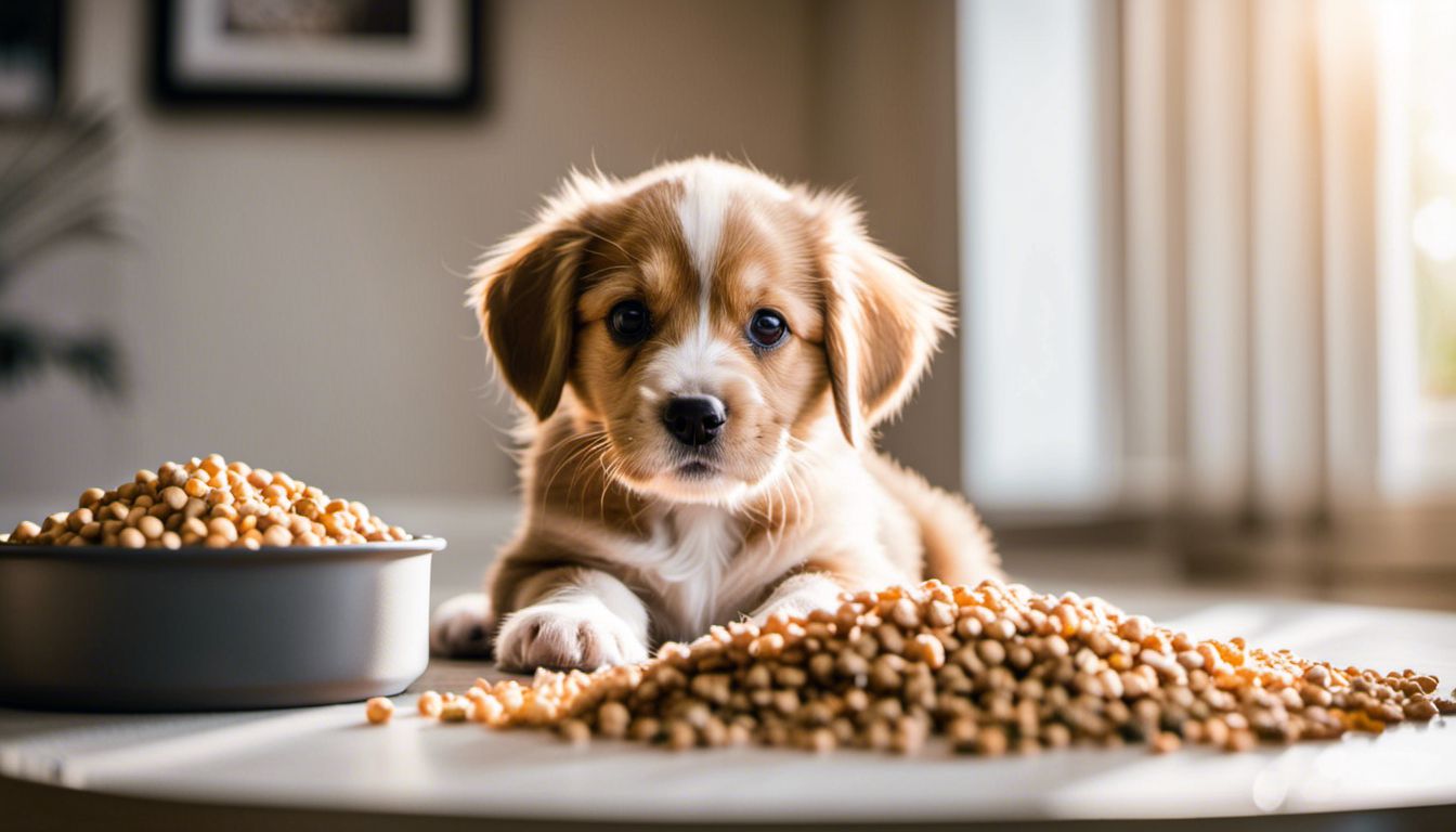 An adorable puppy playing with a variety of high-quality puppy food brands, captured by a professional photographer.