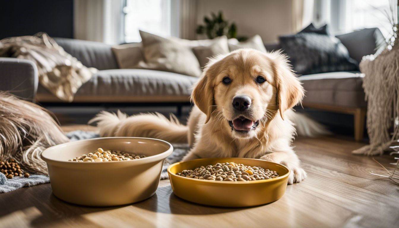 A playful Golden Retriever puppy surrounded by various dog food options, with a variety of people in the background.