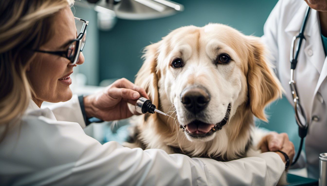A veterinarian vaccinates a happy dog at a clinic, with attention to detail and a variety of human faces.