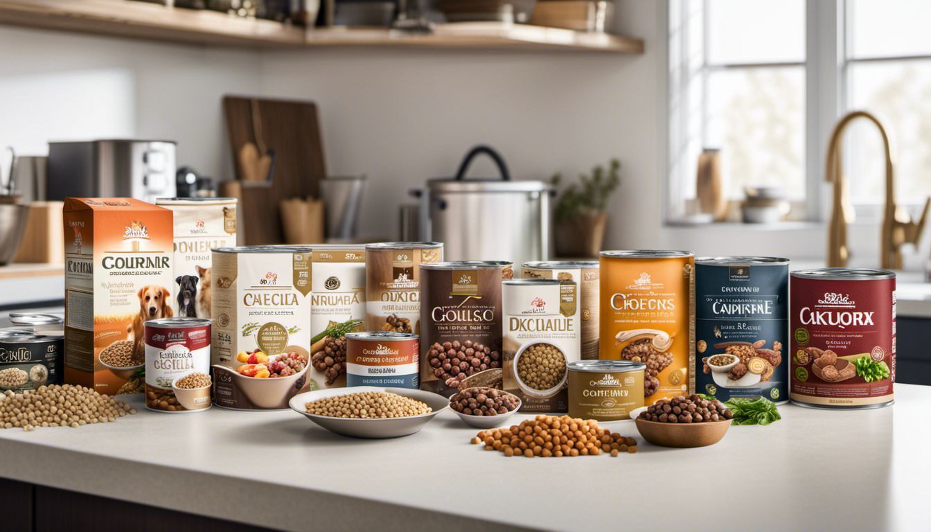 A variety of high-quality dog food brands displayed on a modern kitchen counter, showcasing diversity and quality.