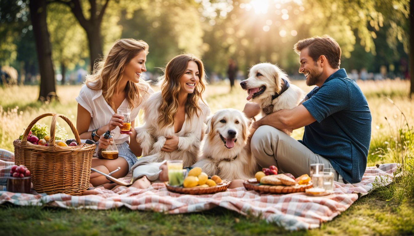 A couple and their dog have a picnic in a colorful park, enjoying the outdoors and each other's company.