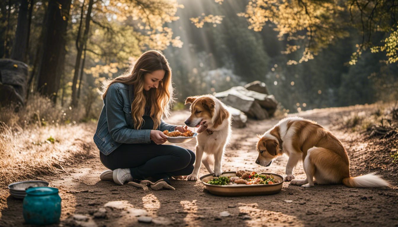 A diverse group of dog owners feeding their pets a nutritious meal in a well-lit and bustling environment.