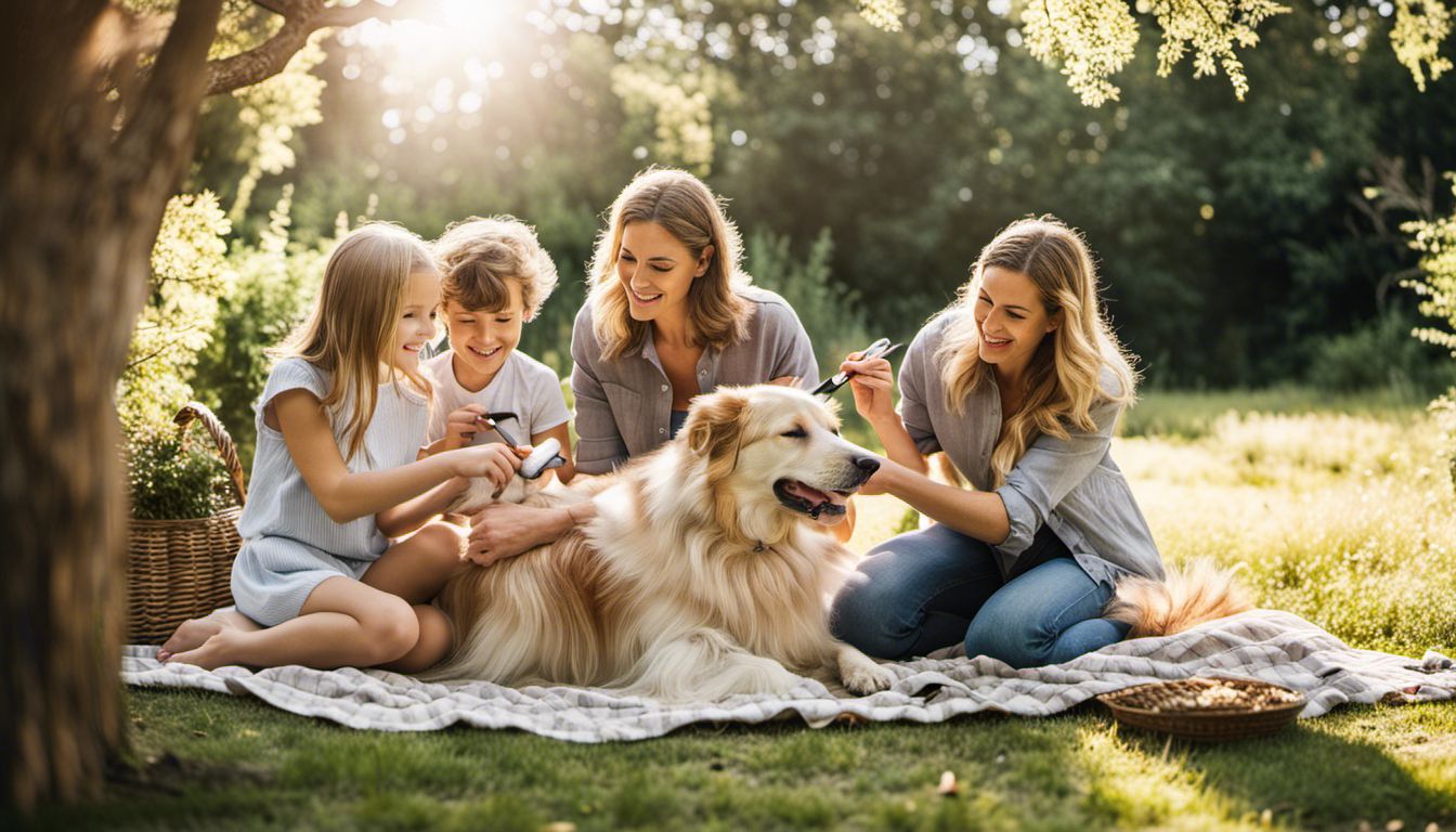 A Caucasian family enjoying time outdoors while brushing their dog's fur in a sunny garden.
