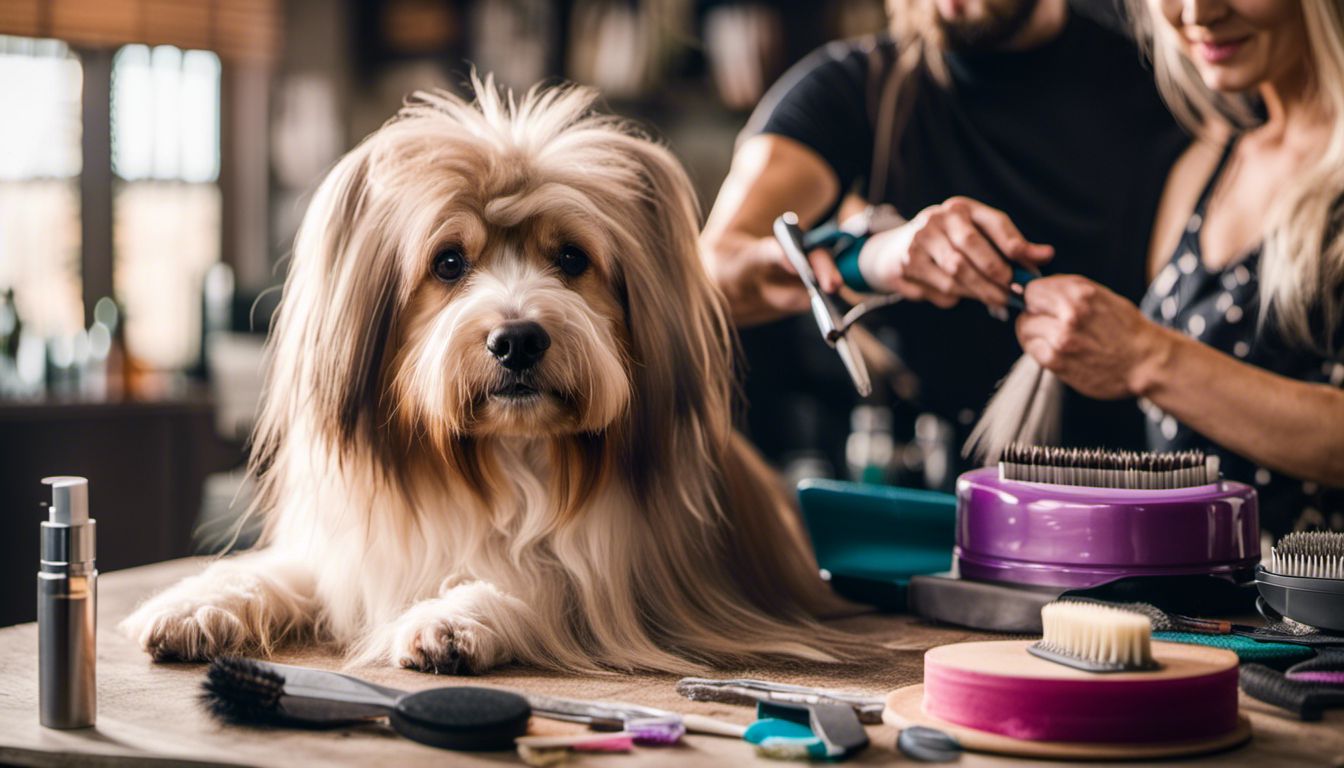 A dog being groomed with high-quality supplies in a colorful and bustling atmosphere.