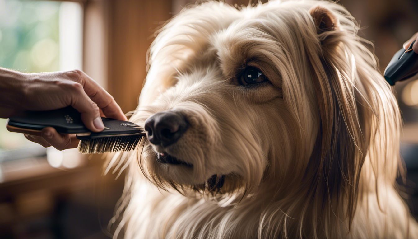 A close-up of a dog being groomed with a high-quality brush, featuring different human faces, hair styles, and outfits.