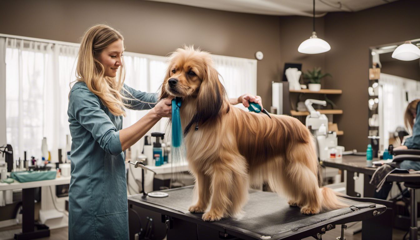 A groomer is brushing a long-haired dog to remove dead hair. The image features different faces, hair styles, and outfits.