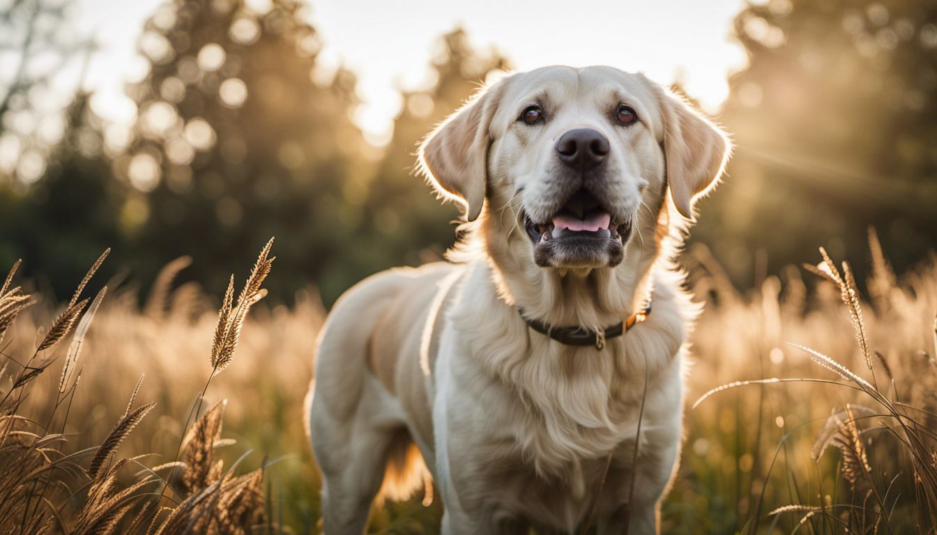 A happy Labrador Retriever in a grassy field surrounded by fallen dog hair, photographed from a wide angle perspective.
