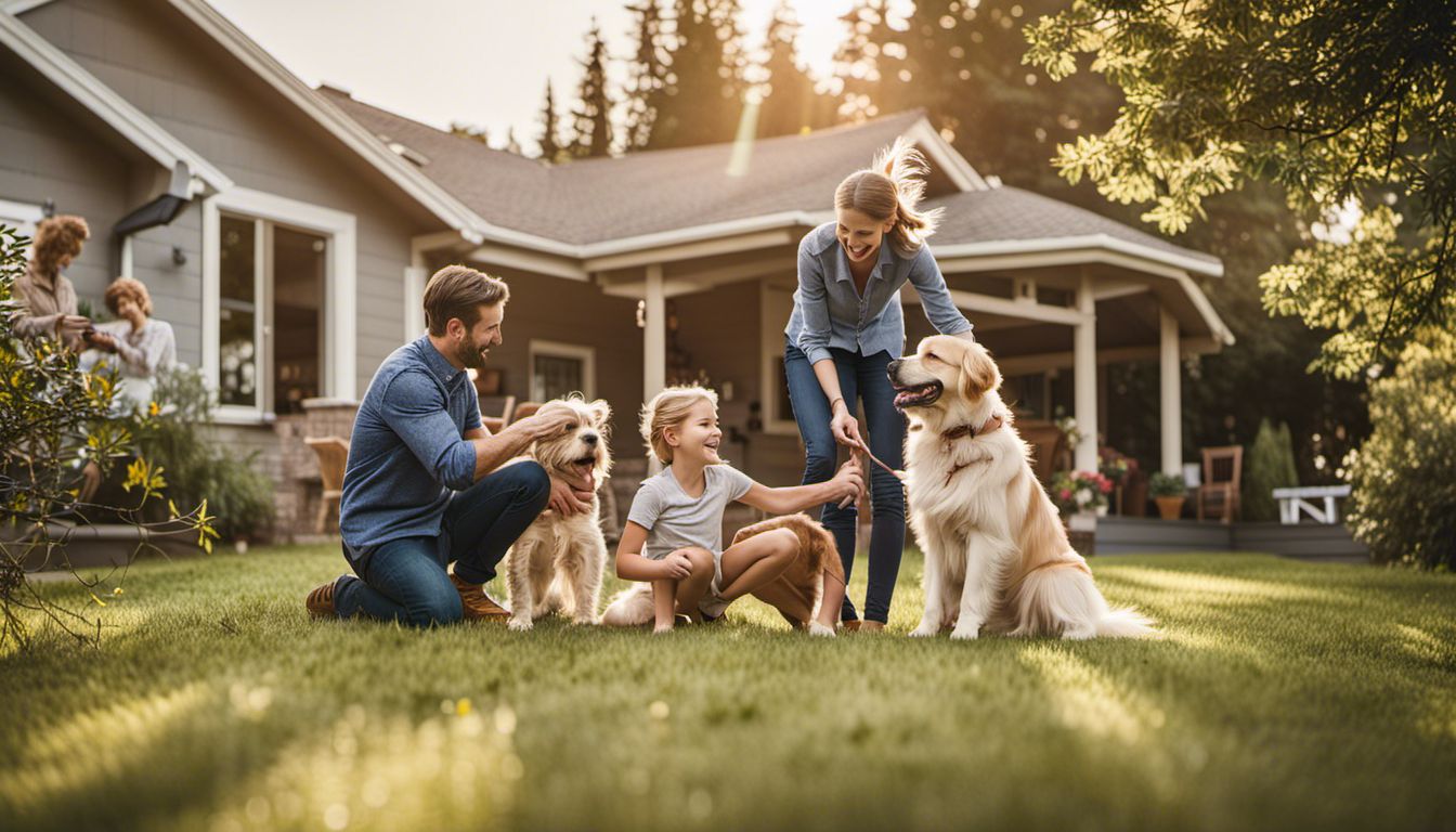 A Caucasian family happily playing with their dog in a spacious backyard, captured in a natural and cinematic style.