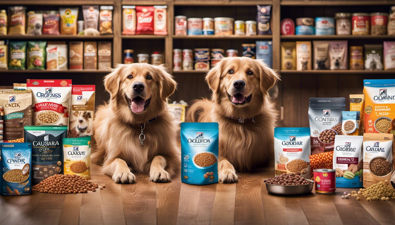A dog surrounded by various dog food brands, with a bustling atmosphere and different people showcasing different styles.