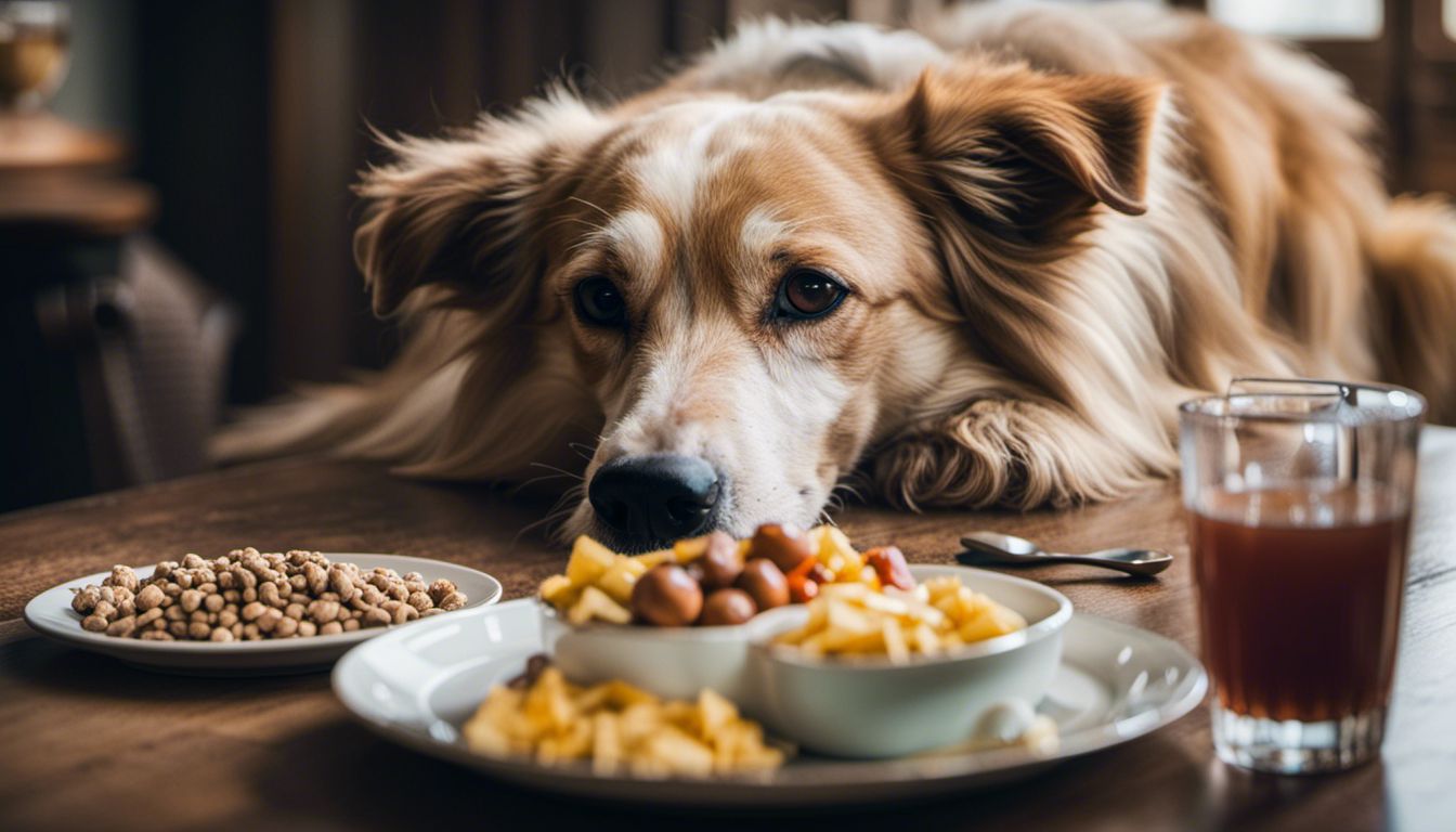 A sad dog sits next to a plate of forbidden foods in a variety of settings and outfits.