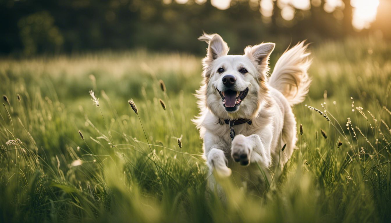 A happy dog playing in a green field with a variety of people, outfits, and hair styles.