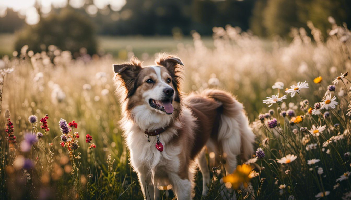 A dog posing in a picturesque field surrounded by flowers with various people in different outfits.