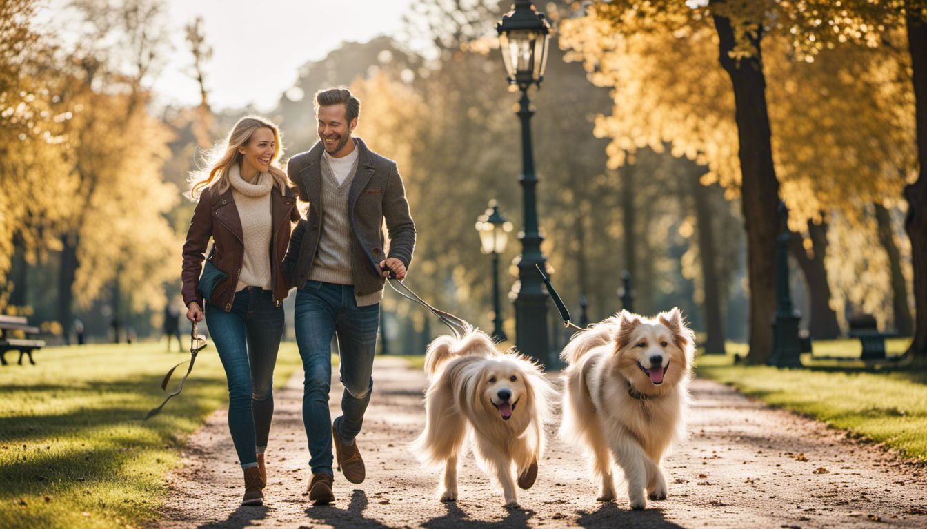 A happy couple walks their stylishly dressed dog in a park, captured in a photorealistic image.