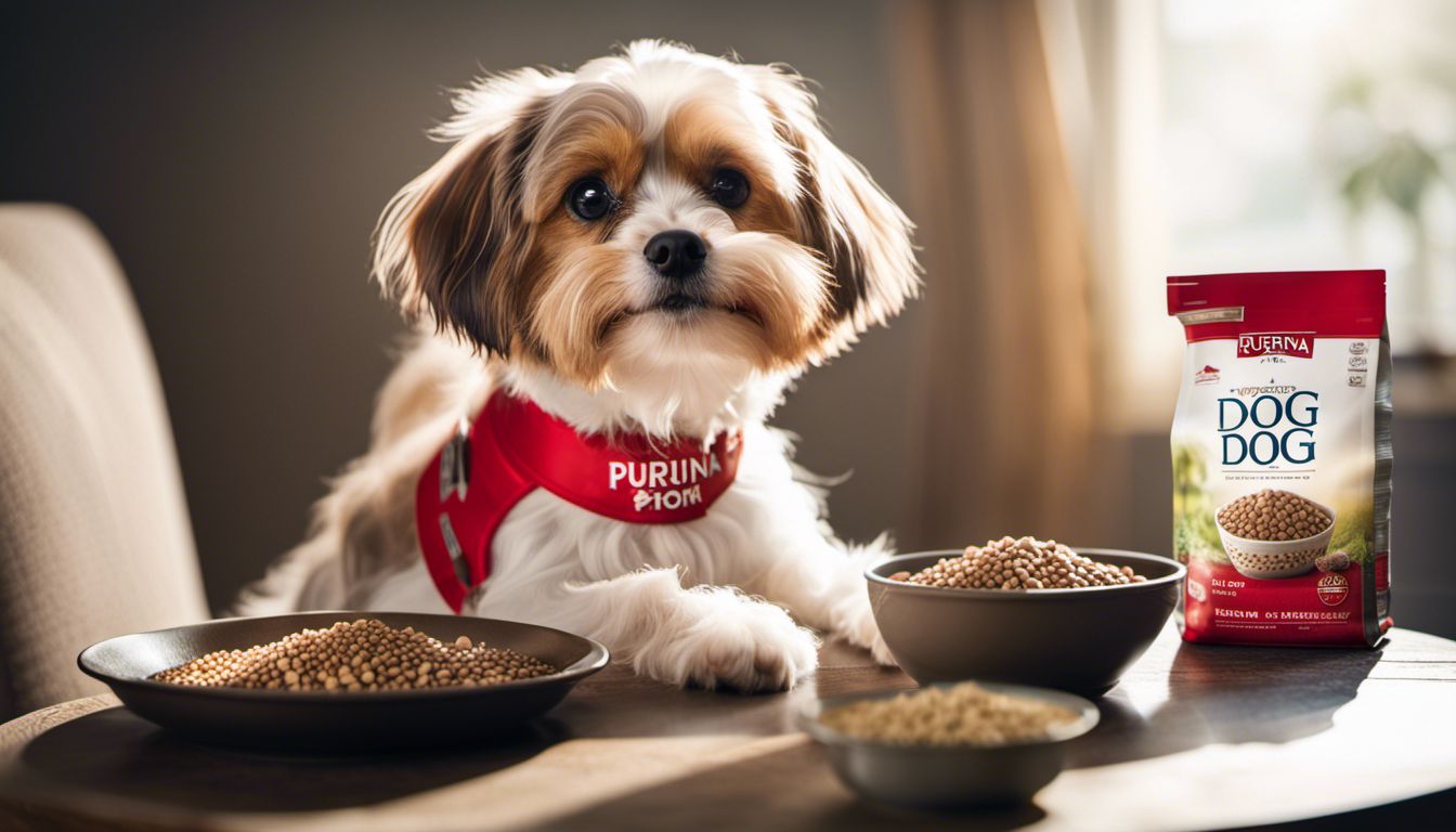 A small dog sits next to a bowl of Purina dog food in a variety of settings and outfits.